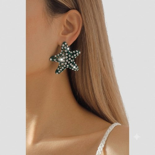 Rhinestone Starfish Earring in Dark Green