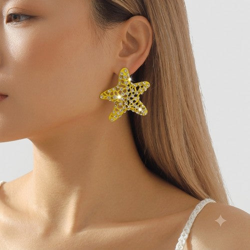 Rhinestone Starfish Earring in Yellow