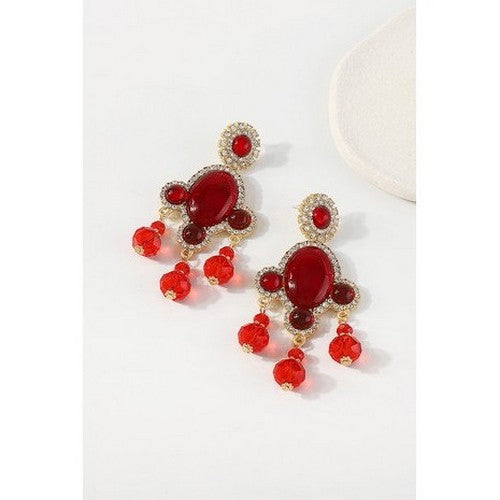 E11020 Resin & Rhinestone Glamour Drop Earrings in Red