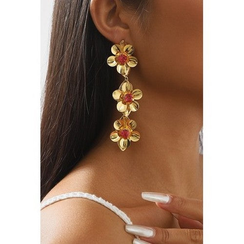 Tiered Floral Dangle Earrings in Pink
