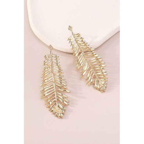 Leaf Long Drop Earrings in Gold