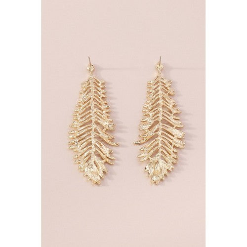 Leaf Long Drop Earrings in Gold