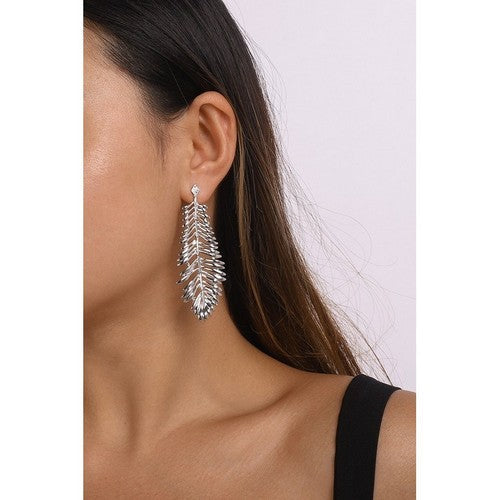 Leaf Long Drop Earrings in Silver