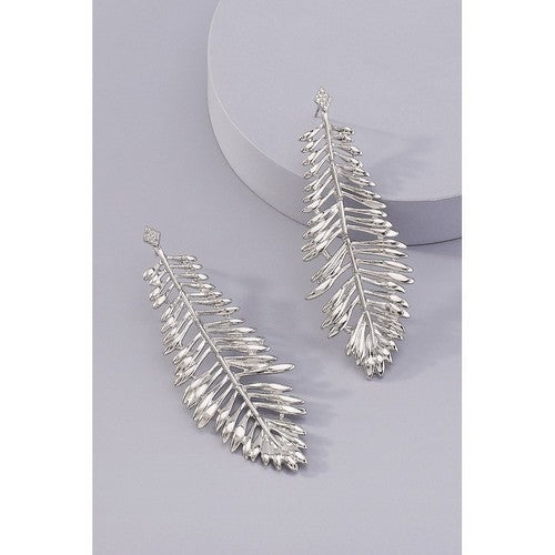Leaf Long Drop Earrings in Silver