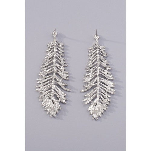 Leaf Long Drop Earrings in Silver