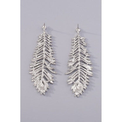 Leaf Long Drop Earrings in Silver