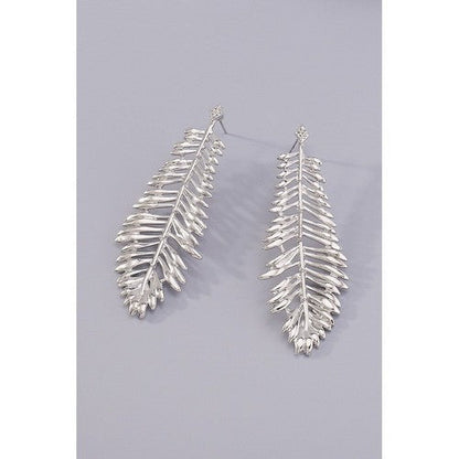Leaf Long Drop Earrings in Silver