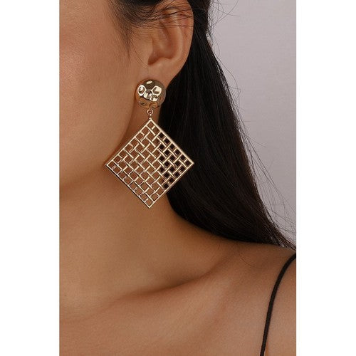 Mesh Square Drop Dangle Earrings in Gold