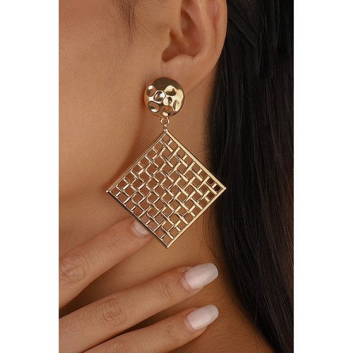Mesh Square Drop Dangle Earrings in Gold