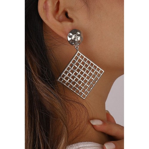 Mesh Square Drop Dangle Earrings in Silver
