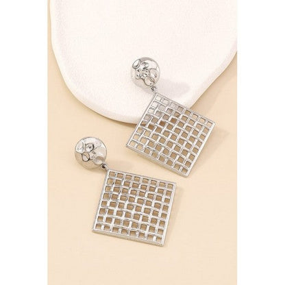 Mesh Square Drop Dangle Earrings in Silver