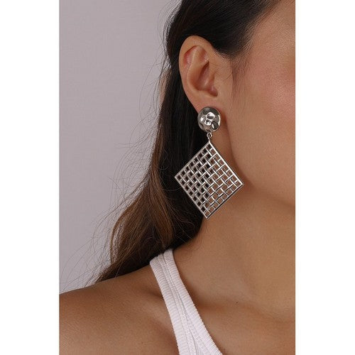Mesh Square Drop Dangle Earrings in Silver