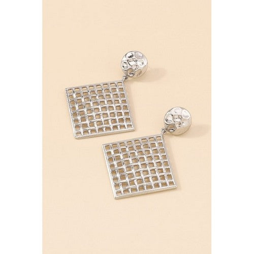 E10380 Mesh Square Drop Dangle Earrings in Silver