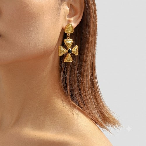 Golden Geometric Cross Dangle Earrings in Black