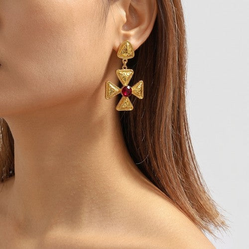 Golden Geometric Cross Dangle Earrings in Red