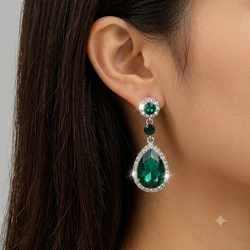 Water Drop Rhinestone Drop Earrings in Green