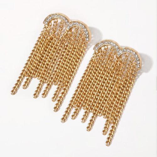 Rhinestone Umbrella Chain Tassel Earrings in Gold
