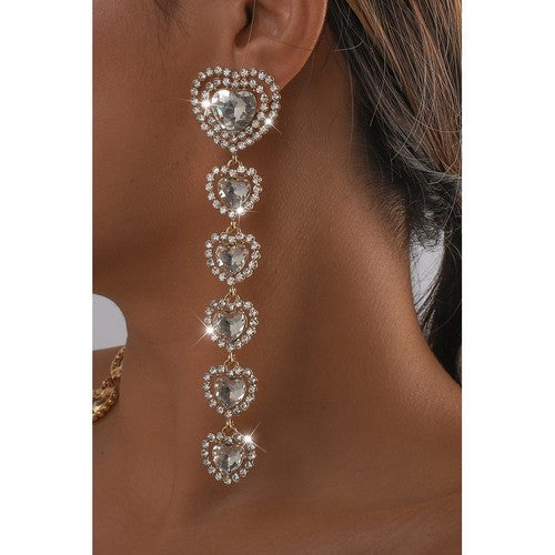 E10347 Crystal Long Drop Glamour Heart Earrings in Silver