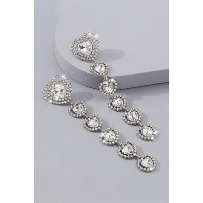 Gold Plated Crystal Crystal Long Drop Glamour Heart Earrings in Silver