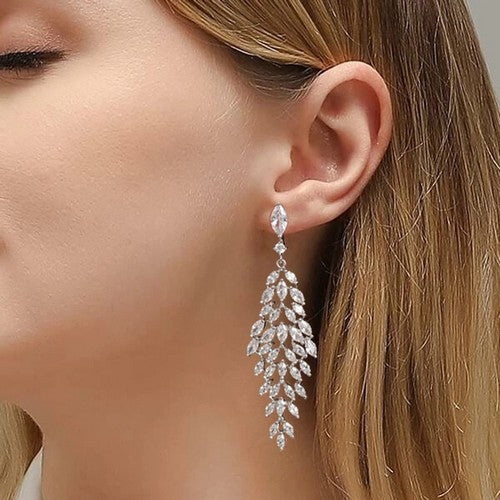 White Gold CZ Leaf Chandelier Glamour Earrings