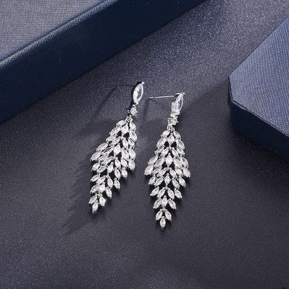 White Gold CZ Leaf Chandelier Glamour Earrings