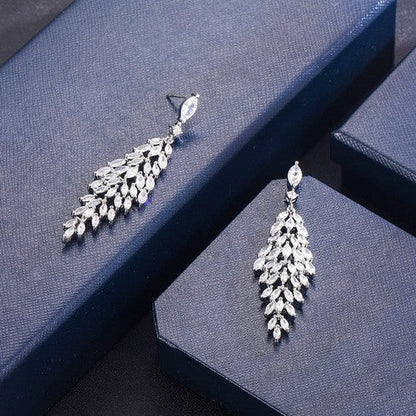 White Gold CZ Leaf Chandelier Glamour Earrings