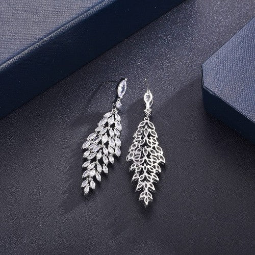 White Gold CZ Leaf Chandelier Glamour Earrings