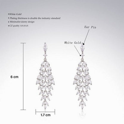 White Gold CZ Leaf Chandelier Glamour Earrings