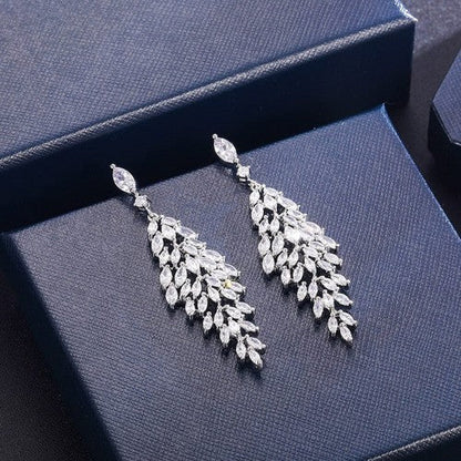ZE0046 CZ Leaf Chandelier Glamour Earrings in Silver