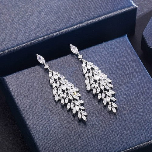 ZE0046 CZ Leaf Chandelier Glamour Earrings in Silver
