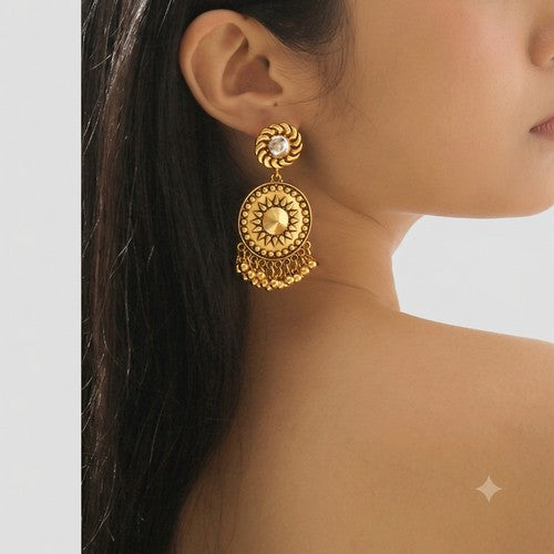 Gold Plated Retro Sun Tassel Drop Earrings in Gold