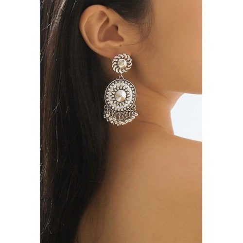 Gold Plated Retro Sun Tassel Drop Earrings in Silver