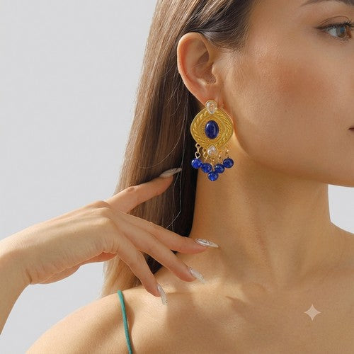 I Dream of Genie Gold Plated Dangle Earrings in Blue