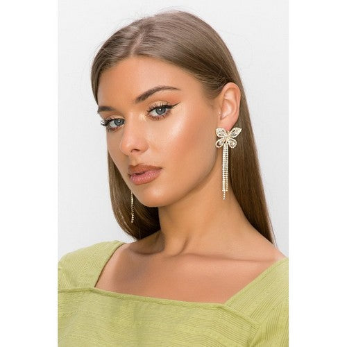 E9958 Tassel Rhinestone Butterfly Drop Earrings in Gold & AB / Crystal