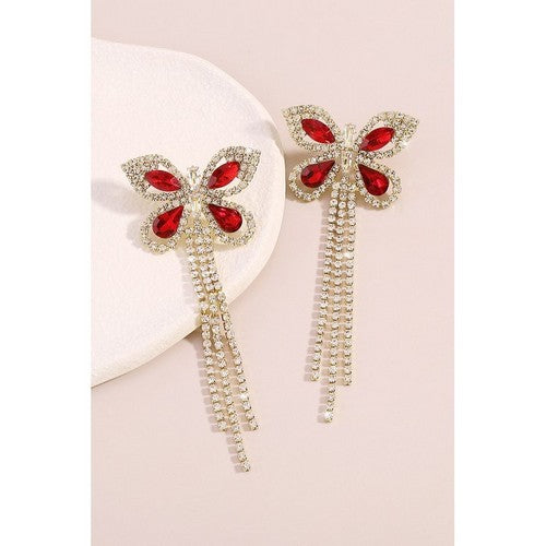 E9958 Tassel Rhinestone Butterfly Drop Earrings in Gold & Red