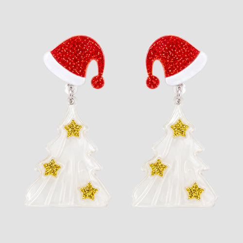 Christmas Tree Santa Hat Earrings in White