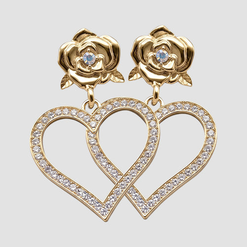 Happy Valentine Rose Heart Rhinestone Earring in Gold