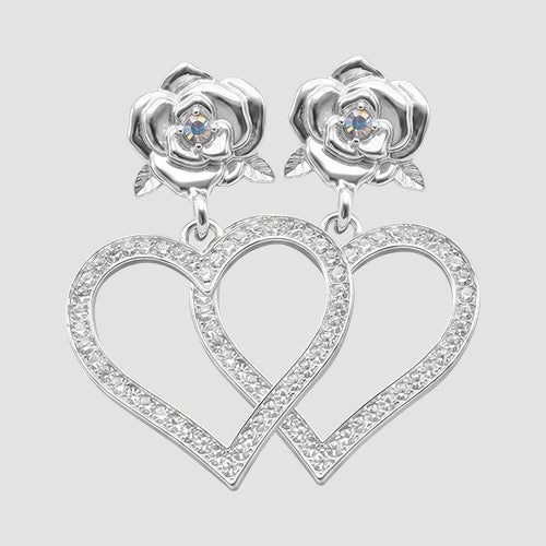 Happy Valentine Rose Heart Rhinestone Earring in Silver