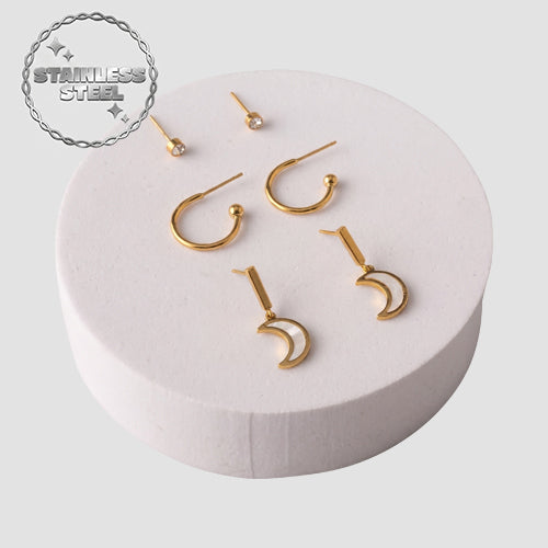 Stainless Steel & Enamel Moon 3pc Earring Set in Gold & White