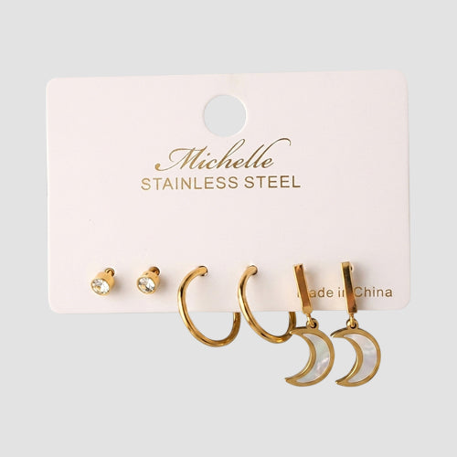 Stainless Steel & Enamel Moon 3pc Earring Set in Gold & White