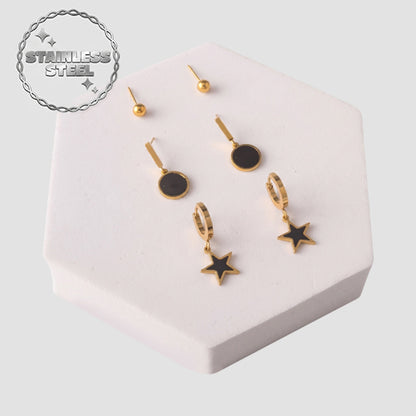 Stainless Steel & Enamel Star 3pc Earring Set in Black & Gold