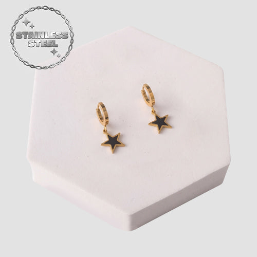 Stainless Steel & Enamel Star 3pc Earring Set in Black & Gold
