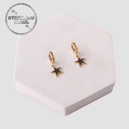 Stainless Steel & Enamel Star 3pc Earring Set in Black & Gold