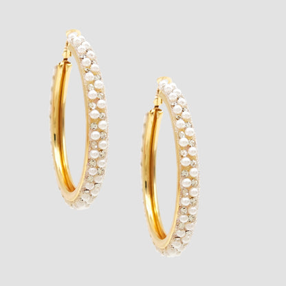 Rhinestone Pearl Hoop Earrings in Gold/White