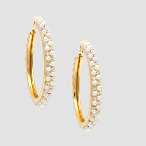 Rhinestone Pearl Hoop Earrings in Gold/White