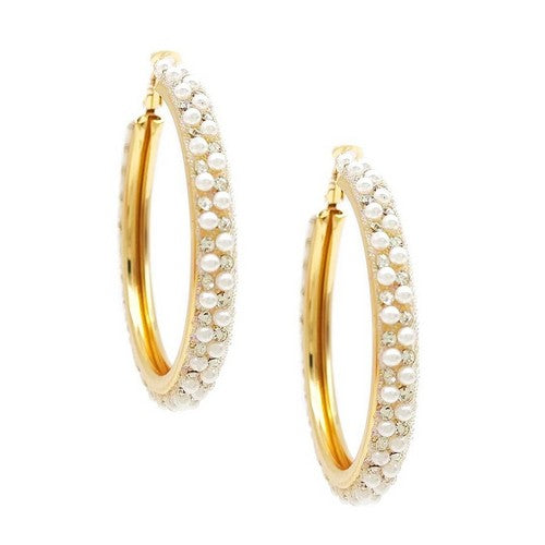 E1286 Rhinestone Pearl Hoop Earrings in Gold/White