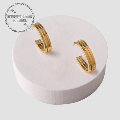 Stainless Steel Triple Layer Open Oval Hoop Earring in Gold
