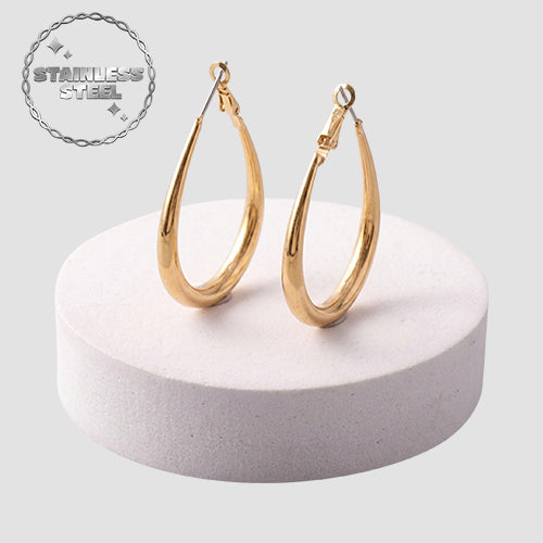 Stainless Steel Post Tube Teardrop Hoop Earring in Gold
