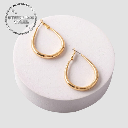 Stainless Steel Post Tube Teardrop Hoop Earring in Gold