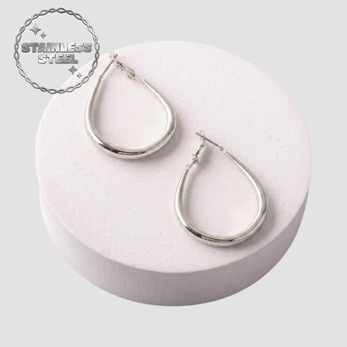 Stainless Steel Tube Teardrop Hoop Earring in Silver